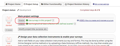 Enable surveys in Project Setup.